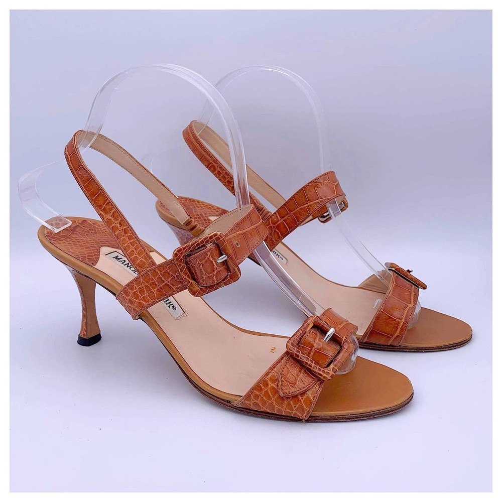 Manolo Blahnik Orange Croc-Embossed Sandals